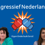 Op de foto staan van links naar rechts een boos kijkende Geert Wilders, Caroline van der Plas, Lidewij de Vos en Joost Eerdmans. in het midden staat bovenaan de tekst: Agressief Nederland, met daaronder een logo, bestaande uit twee bokshandschoenen, waarvan een rood en de ander blauw gekleurd is. Daarachter is een oranje -gerande ster met een wit midden te zien. Onder het logo staat de slogan: Eigen Onderbuik Eerst!