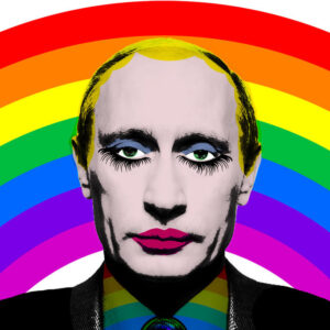 Op de afbeelding is een bewerkt portret van de Russische president Vladimir Poetin te zien. Hij heeft oogschaduw en lipstick gekregen en op de achtergrond is een regenboog te zien.