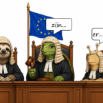 Op de foto is een cartoon te zien waarop een luiaard, een schildpad en een slak als rechters zijn afgebeeld. Ze zitten voor de vlag van de Europese Unie. Boven hen staan drie spraakballonnen met de tekst: We... Zijn... Er... Uit...