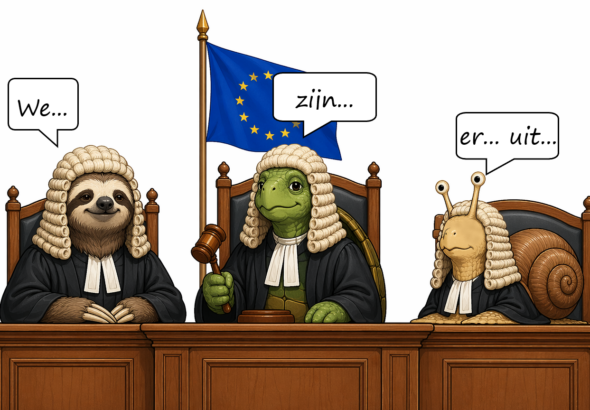 Op de foto is een cartoon te zien waarop een luiaard, een schildpad en een slak als rechters zijn afgebeeld. Ze zitten voor de vlag van de Europese Unie. Boven hen staan drie spraakballonnen met de tekst: We... Zijn... Er... Uit...