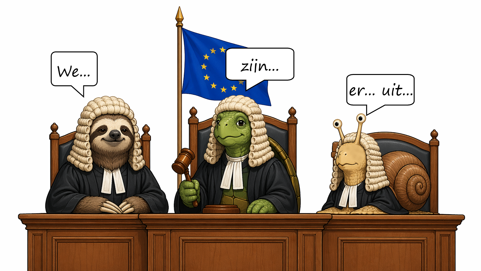 Op de foto is een cartoon te zien waarop een luiaard, een schildpad en een slak als rechters zijn afgebeeld. Ze zitten voor de vlag van de Europese Unie. Boven hen staan drie spraakballonnen met de tekst: We... Zijn... Er... Uit...